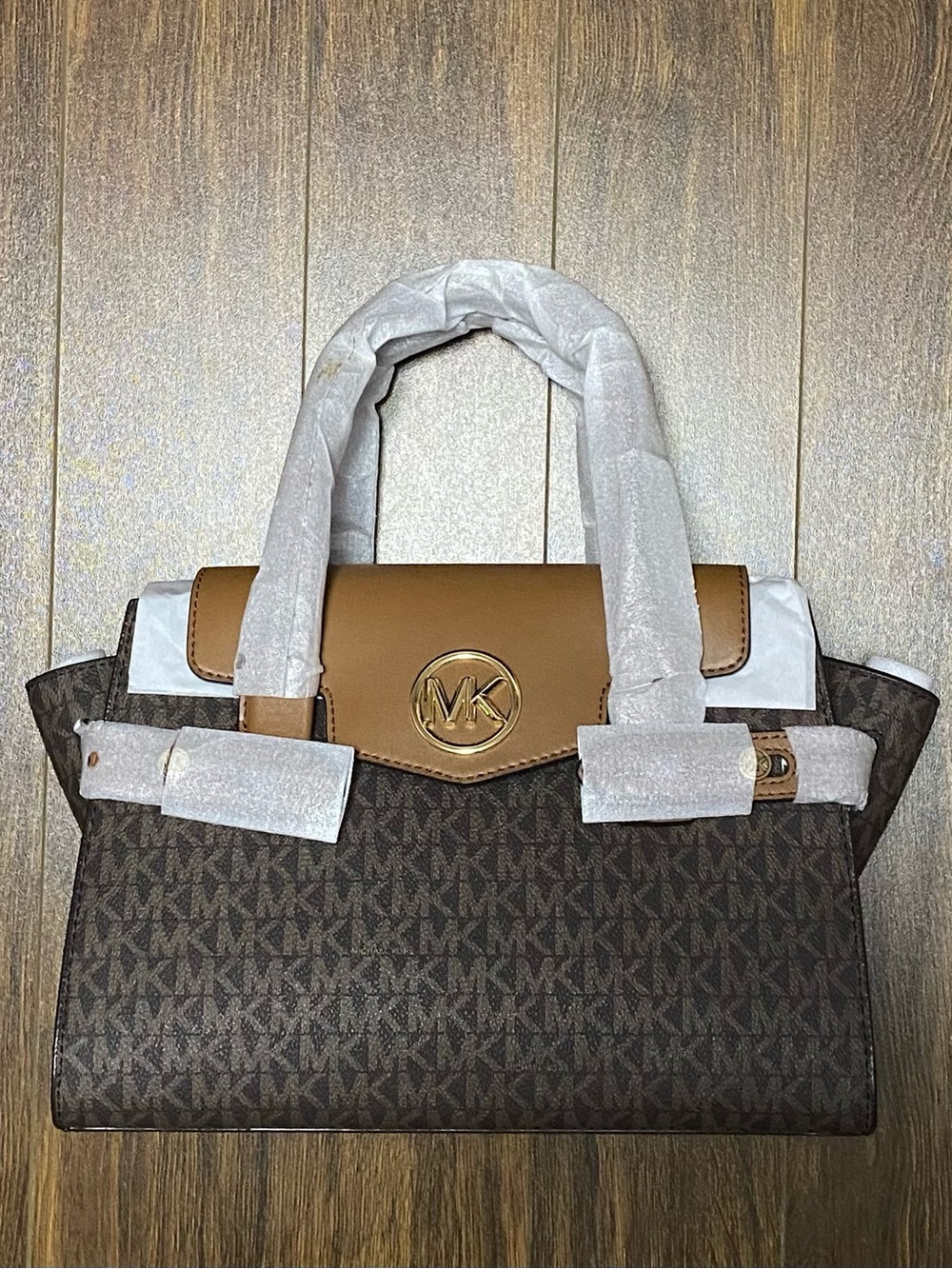 Brand New - Michael Kors Brown Logo Satchel with Tan Flap and Gold Hardware